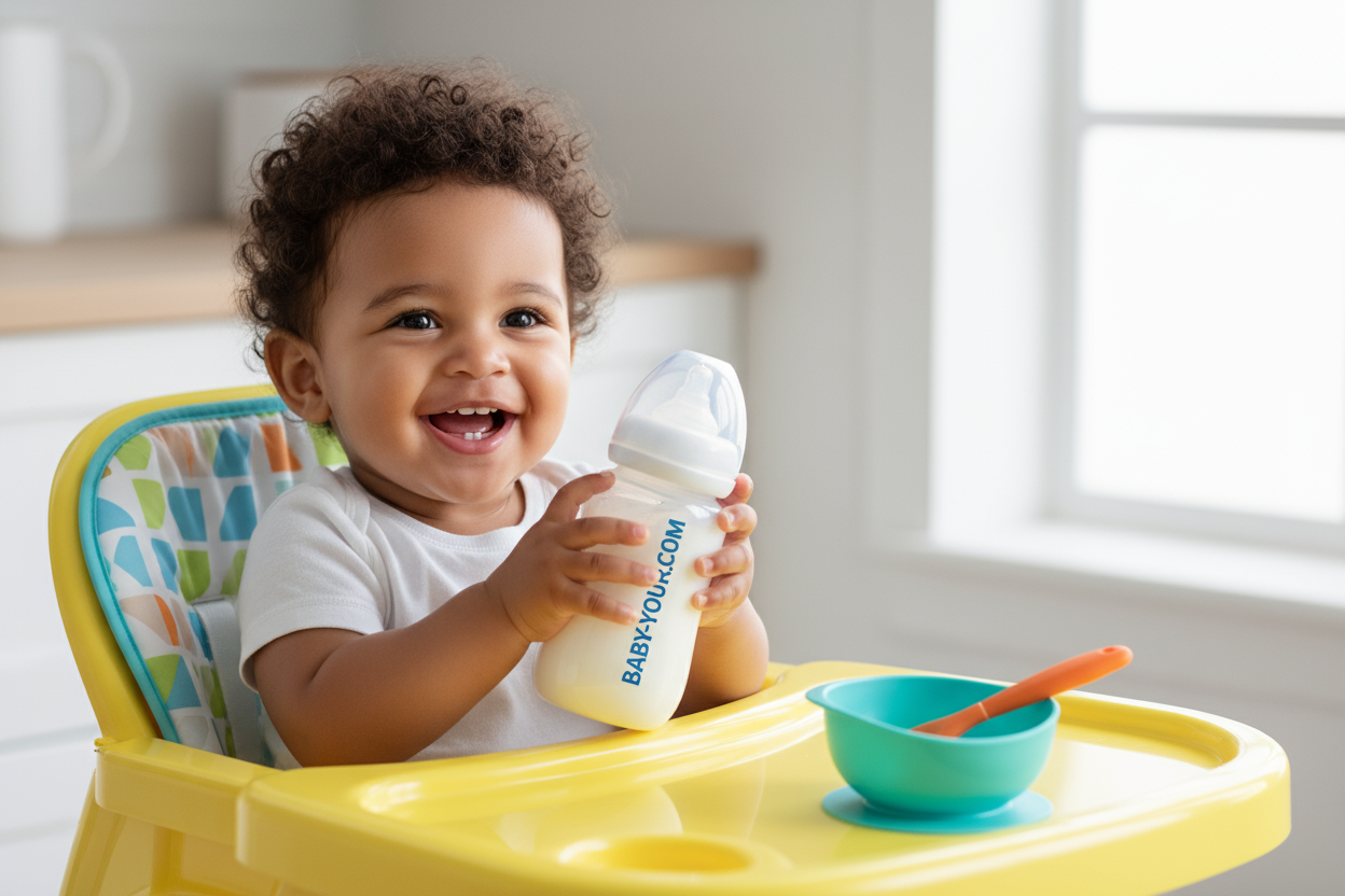 mix race baby with curly hair sitting on bright dining chair holding a feeding bottle  with the words BABY-YOUR.COM spread on the feeding bottle from top to bottom, add a bowl with spoon on the dining chair, make sure the feeding bottle has it feeding part 