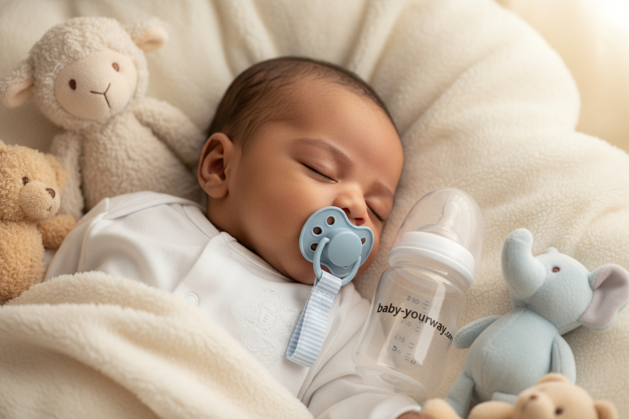 none white baby sleeping with toy around him, pacifier attached to his cloth to his mouth, a baby feeding bottle with the words: baby-yourway.com